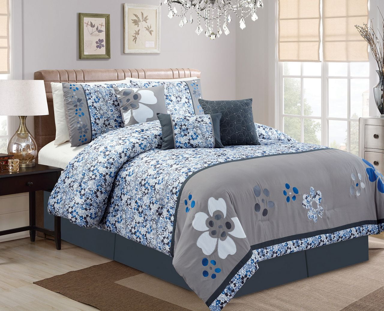 11 Piece Cherry Blossom Blue Gray Bed In A Bag Set Com