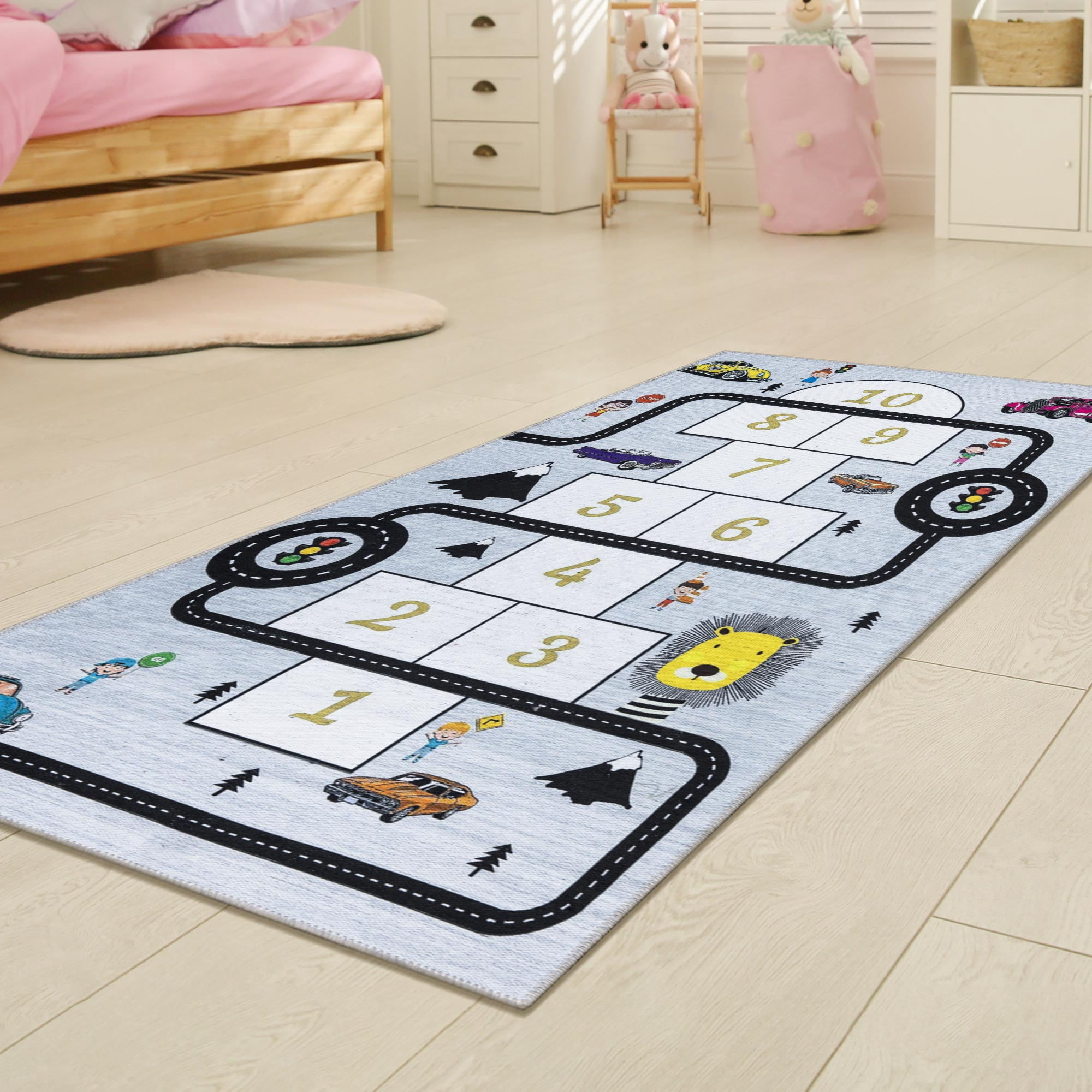 Ottomanson Machine Washable Flatweave Hopscotch 3x6 Kids Play Mat Runner Rug, 2'7" x 6', Gray/Yellow