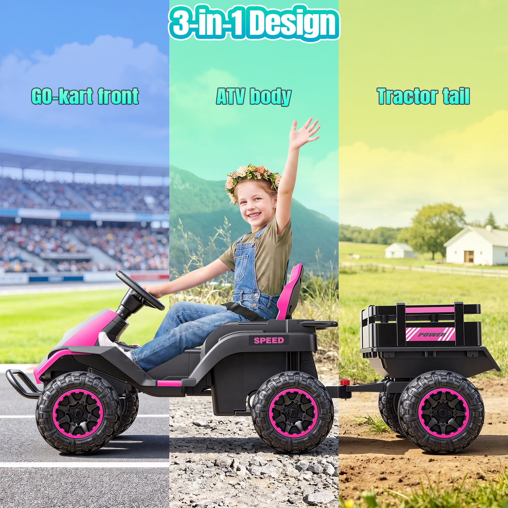 VIBESPARK 24V Ride on Toys with Remote Control, 3 in 1 Ride on Car, Ride on Tractor for Kids with Trailer, 6 Wheel Kids Electric Car w/ Bluetooth, MP3, Music, Pink