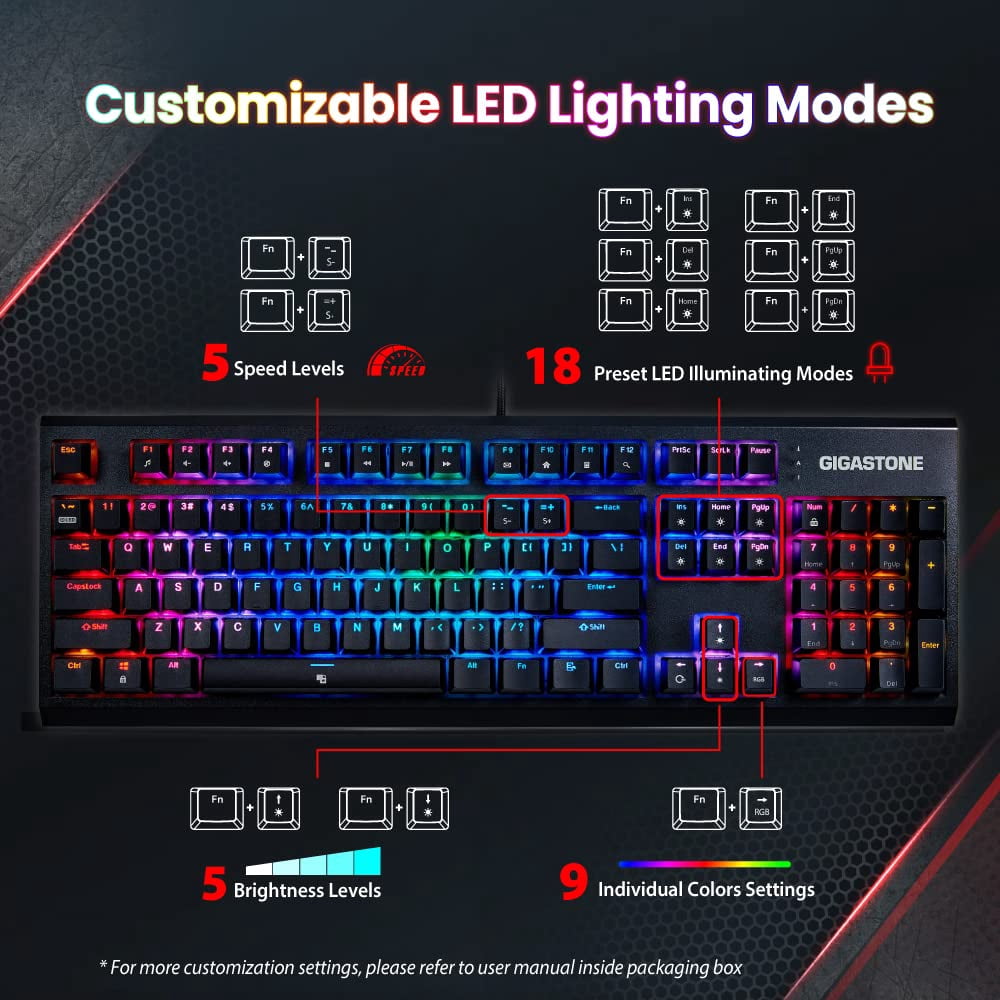 Gigastone GK-12 Mechanical Keyboard, Tactile Brown Switch, RGB LED Rainbow Backlit Gaming Keyboard, Precise Tactile Feedback, Full Anti-Ghosting, Full Size 104 Keys, Black