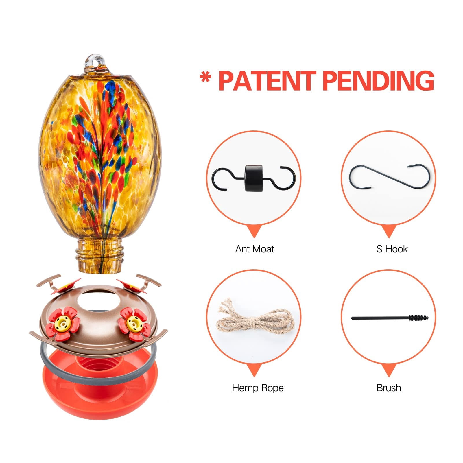 Amber Fireworks Blown Glass Hummingbird Feeder For Outdoors