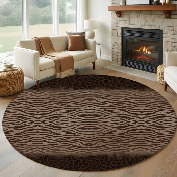 Brown Zebras Striped Round Area Rug 5Ft Washable Circle Rugs for Living Room Bedroom, Vintage Animal Skin Print Non-Slip Carpet Floor Mats Indoor Outdoor Carpet Runner Aesthetic Home Decor