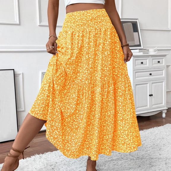 Loose Flowy Ditsy Floral Midi Skirts for Women Elastic Waist Tiered Ruffle A Line Beach Travel Long Skirt