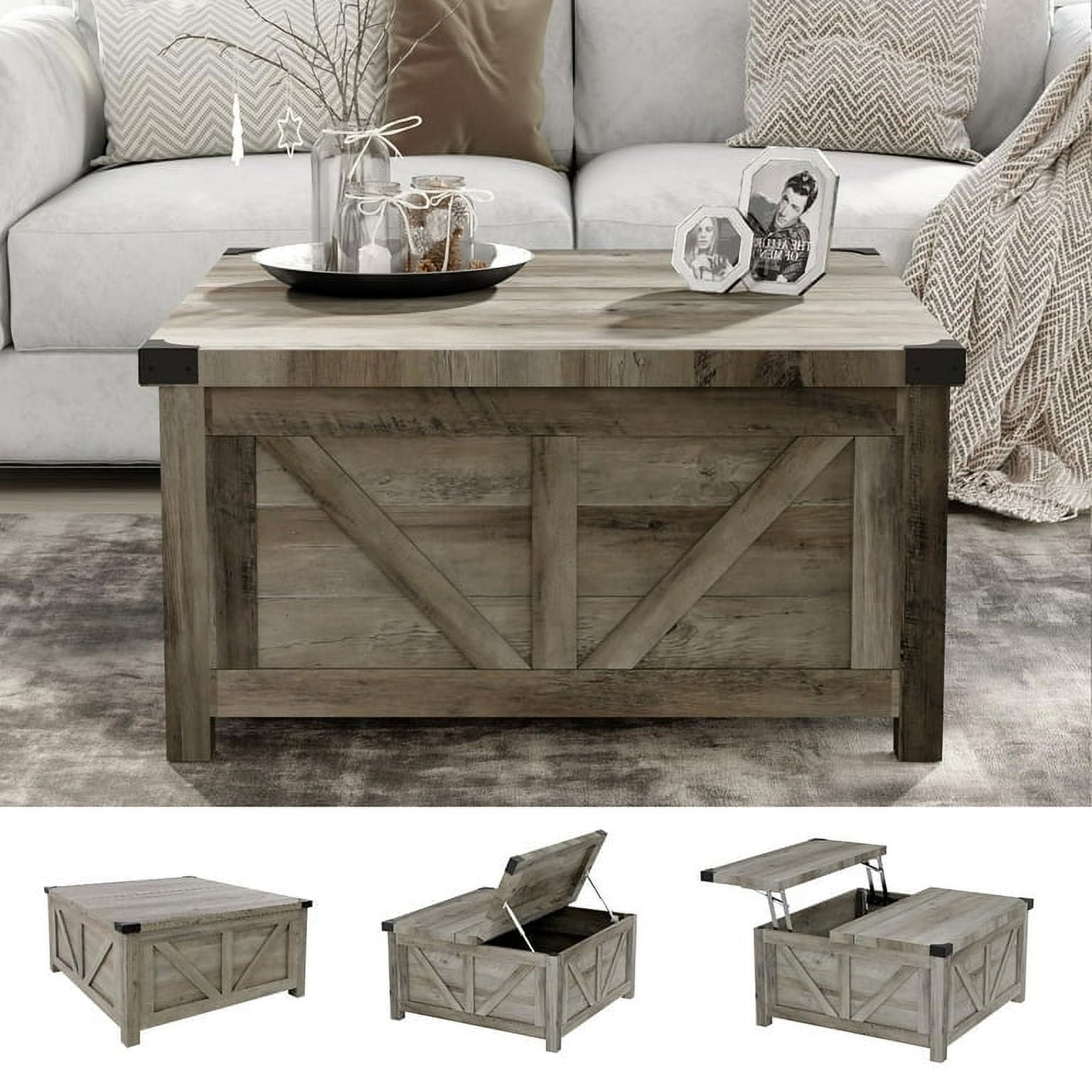 ChVans 35.6" Square Lift Top Coffee Table, Farmhouse Coffee Table with Storage & Charging Ports, Wood Center Table w/Large Hidden Space for Living Room Home Office