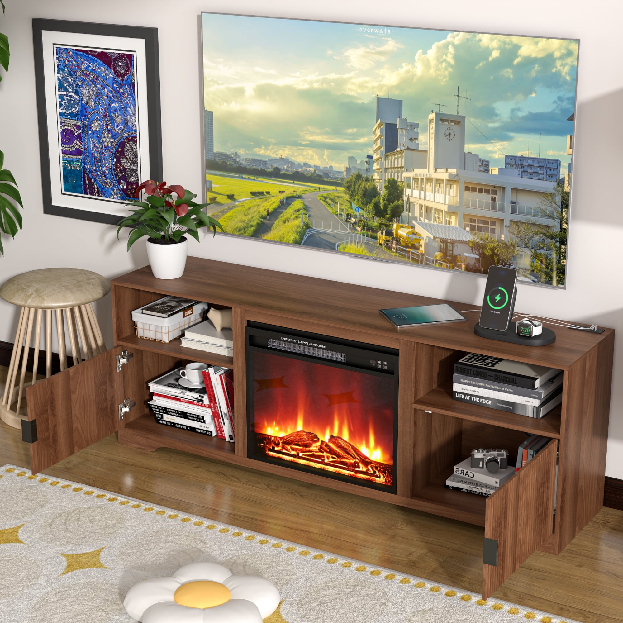 LUCKYELF Fireplace TV Stand, Entertainment Center for TVs up to 80", Wood Media Console for Living Room, Bedroom, Walnut