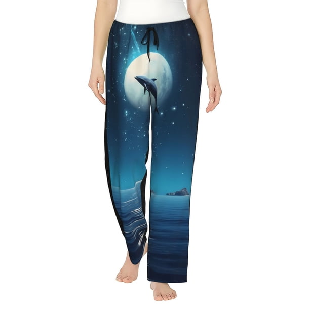 Balery Night Sky Moon Dolphin Pantalones de pijama para mujer, pijamas ultraligeros, pantalones de estar por casa-Small