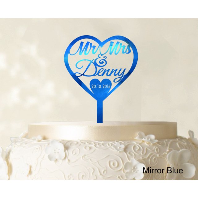 Personalized Mr And Mrs Wedding Cake Topper With Date And Heart Cake Decorations Color Option Available 5.5-6.5 Inches Wide