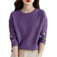 thumbnail image 3 of Women's Crochet Cuff Sweater, Long Sleeve Crewneck Pullover with Embroidered Wrist Detail, Boho Chic Knit Top, Artisan Style Crochet Accent Blouse for Women Purple S, 3 of 10