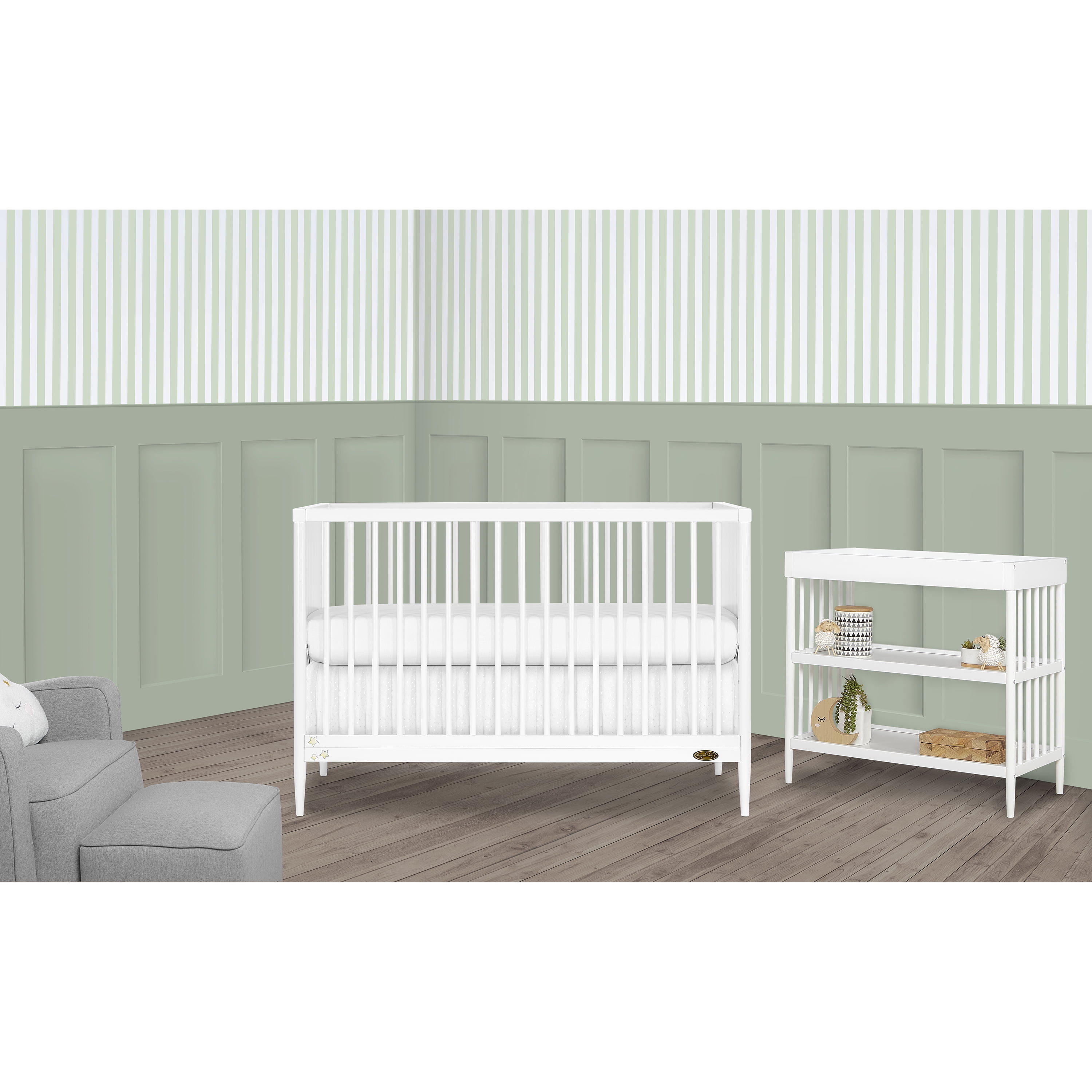 Dream On Me Moon Bear Reaching For The Stars 4 In 1 Modern Island crib With Rounded Spindles I Convertible Crib I Hand Printed Mural On One End Panel I Mid- Century Meets Modern in White Finish