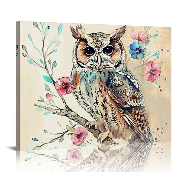 Creowell Owl Branch Flowers Canvas Print Wall Art Home Decor 16x12in