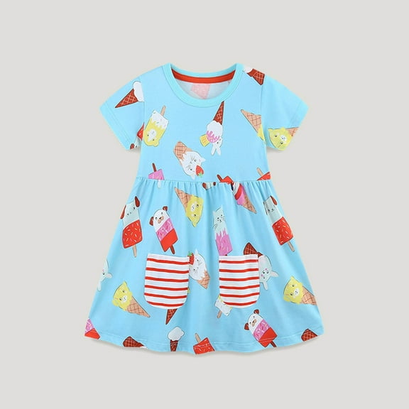 piuwrlz Summer Children Short Shirt Skirts 6 Years for Little Girls Dresses Printed Round Neck Stripe Animals Print Dress Light Blue