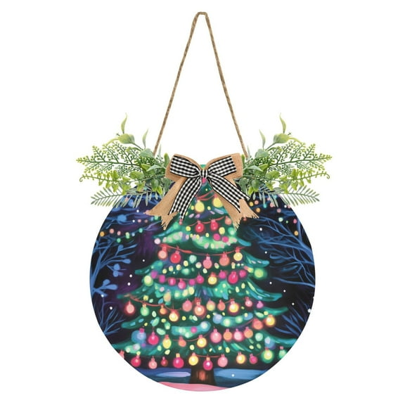 Merry Christmas with Christmas Tree Front Door Porch Decoration Hanging Sign with Artificial Green Plants and Bow for Home Outdoor Indoor