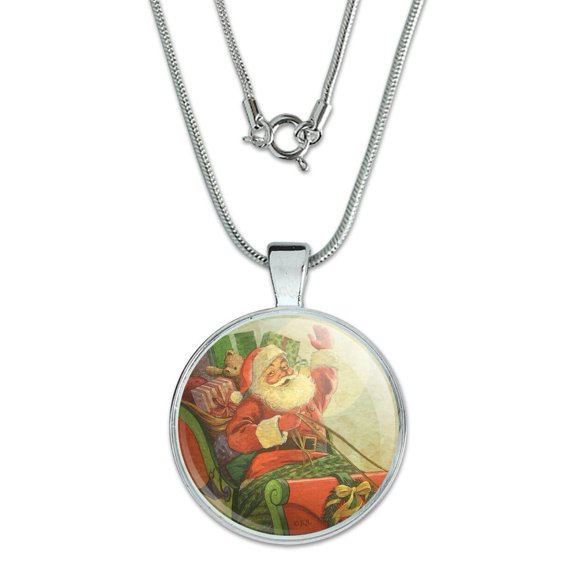 Christmas Holiday Retro Antique Santa Sleigh 1" Pendant with Sterling Silver Plated Chain