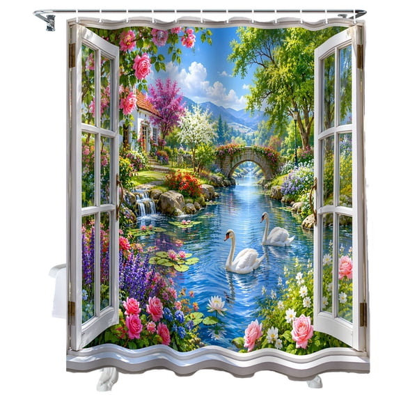 Shower Curtain Floral Pair of Swans Bathroom Curtains with Hooks, Waterproof Fabric Lake Scenery Window View Bath Shower Curtains Set for Bathroom Bathtubs Decor 72x72 Inch