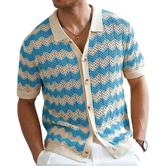 LWavelet Wavy Knit Button Front Men's Polo Shirt Lightweight Perfect for Summer Casual and Weekend Outings Sky Blue 3XL