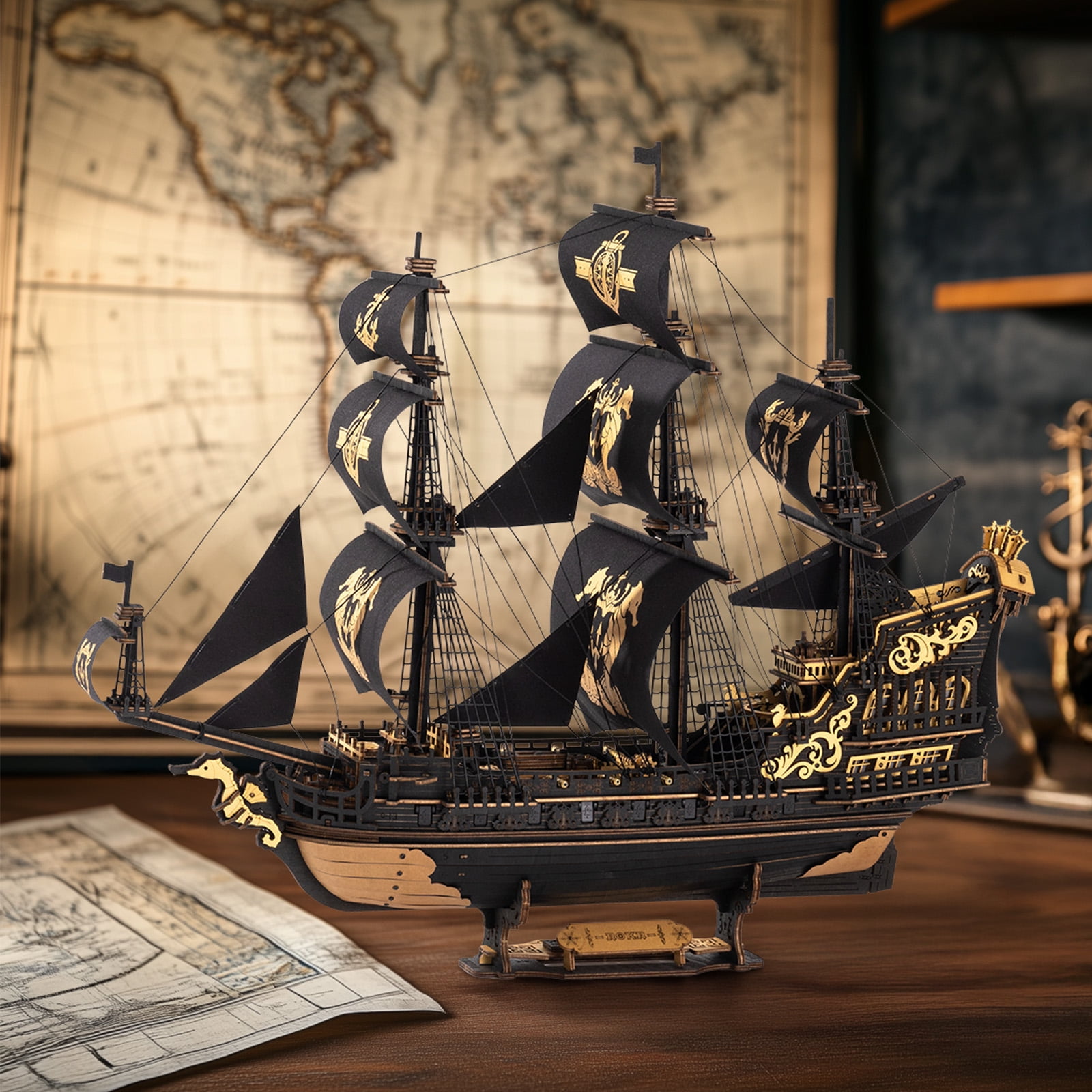 ROBOTIME Wooden 3D Puzzle - The Seahorse Barque, 1:100 Scale DIY Mechanical Building Kits Toys for Home Decor, Xmas Gifts for Adults Teens