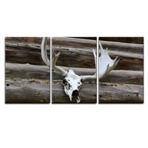 wall26 - 3 Piece Canvas Wall Art - Elk Antlers Mounted Against a Log Cabin Outside Wall - Modern Home Art Stretched and Framed Ready to Hang - 16"x24"x3 Panels