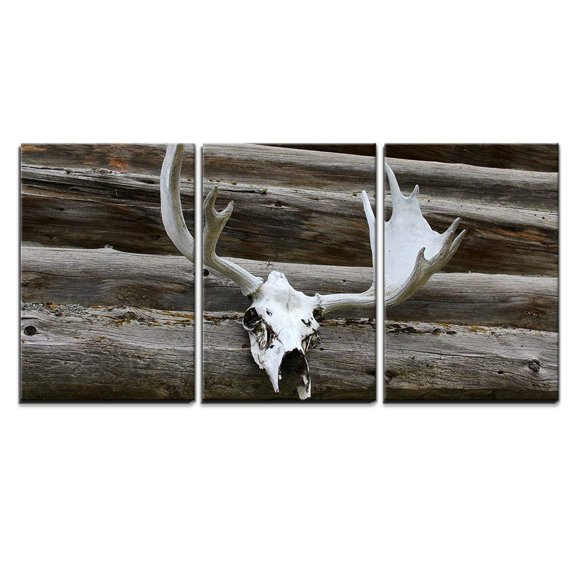 wall26 - 3 Piece Canvas Wall Art - Elk Antlers Mounted Against a Log Cabin Outside Wall - Modern Home Art Stretched and Framed Ready to Hang - 16"x24"x3 Panels