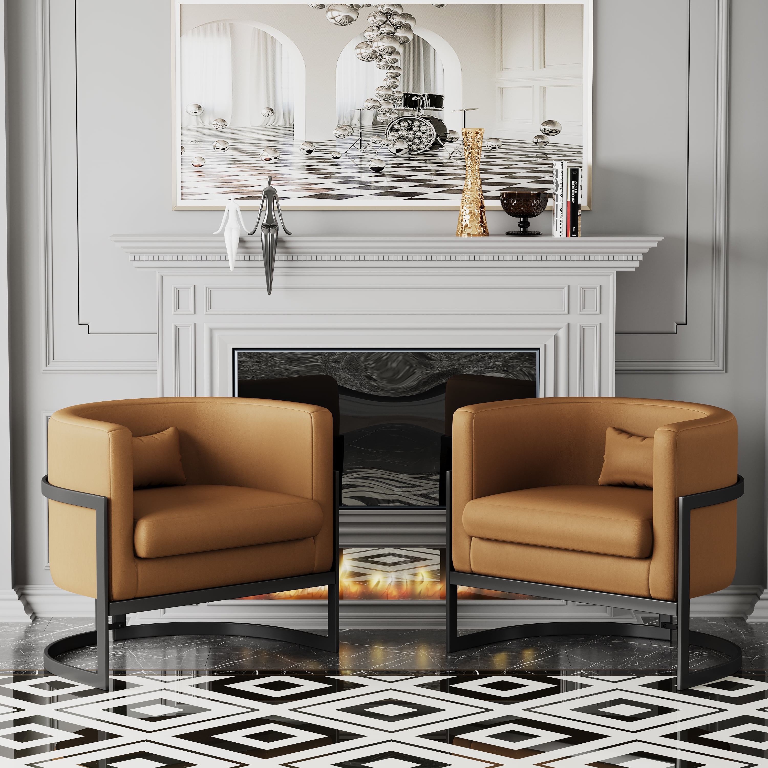 Apeaka Modern Velvet Solid Print Barrel Accent Chair, Brown