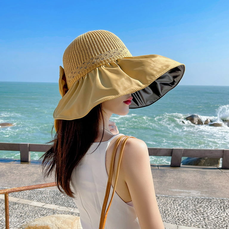 Niuredltd Wide Brim Sun Hat Women's Outdoor Casual Bow Decoration Big Head Design Sun Hat Bucket Hat Beach Cap Yellow One size, adult unisex