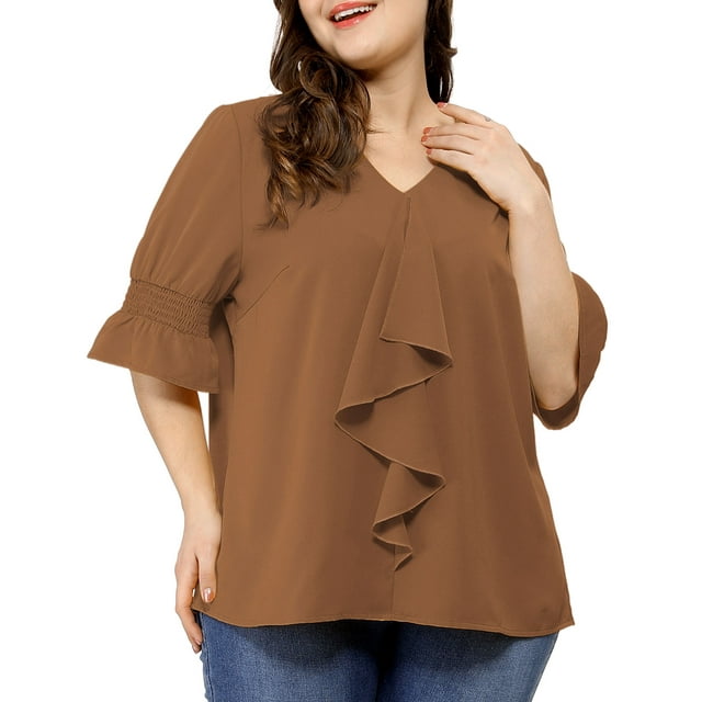 GRACE & GRANDEUR Blouse Haut à Volants à Col en V à Manches Smockées pour Femme Grande Taille