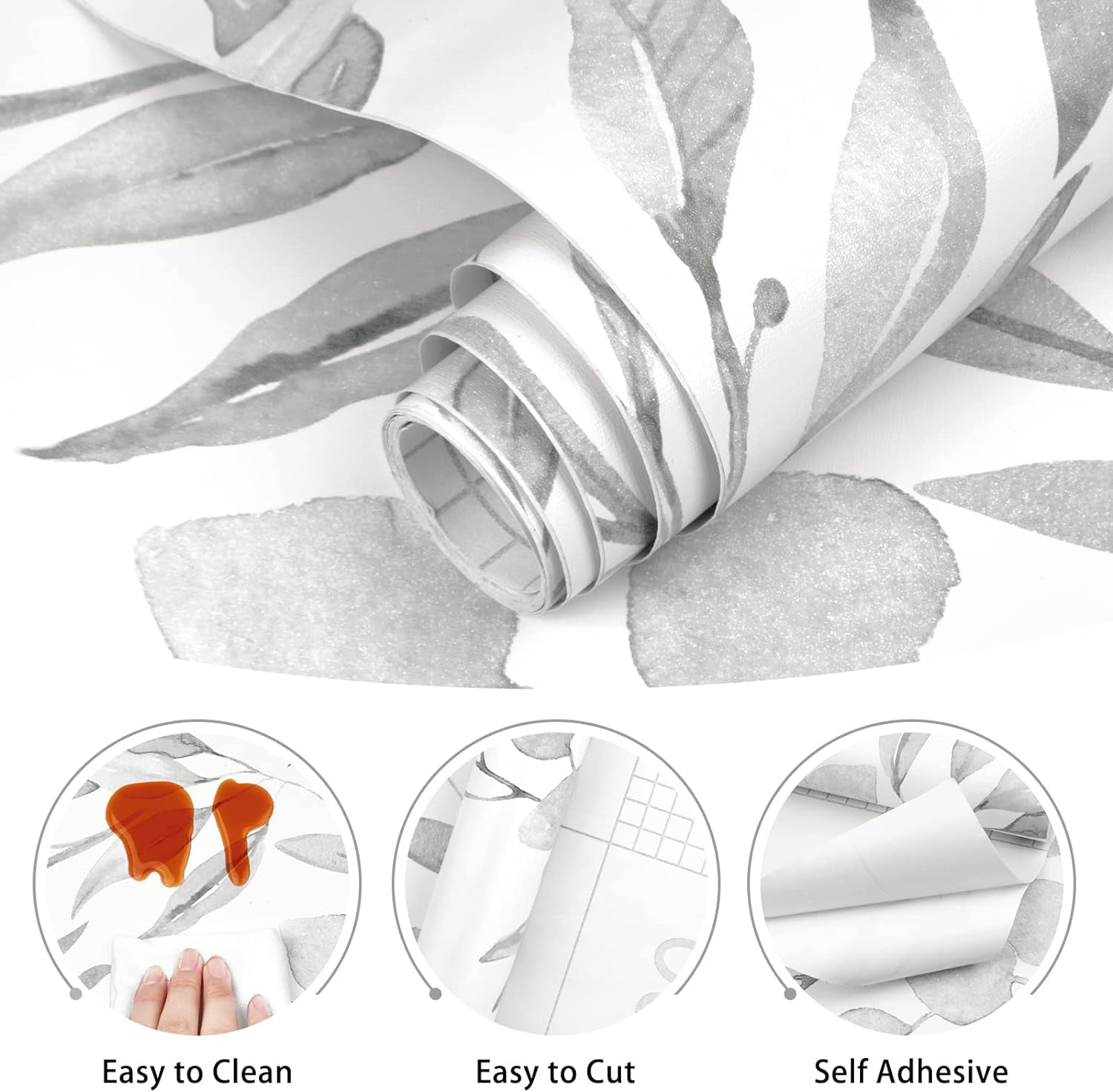 DAZLUTE Peel and Stick Wallpaper Floral Wallpaper Gray Leaf Self Adhesive Wallpaper,17.7 in x 590 in