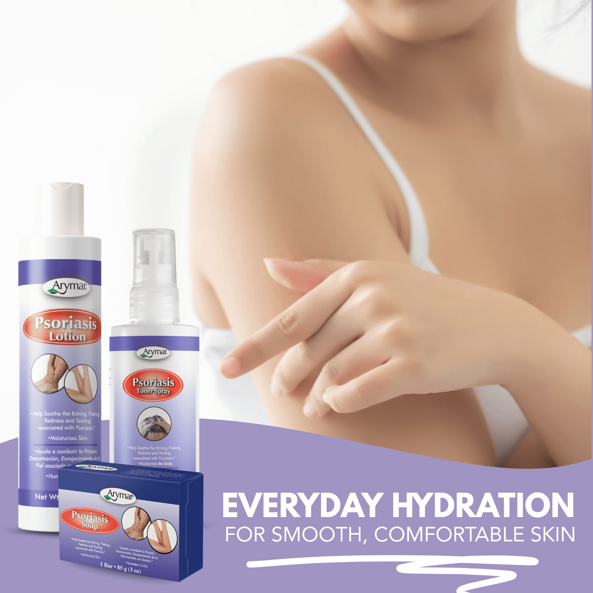 Arymar Psoriasis Care Set – Toner Spray, Bar Soap & Hydrating Lotion Essentials