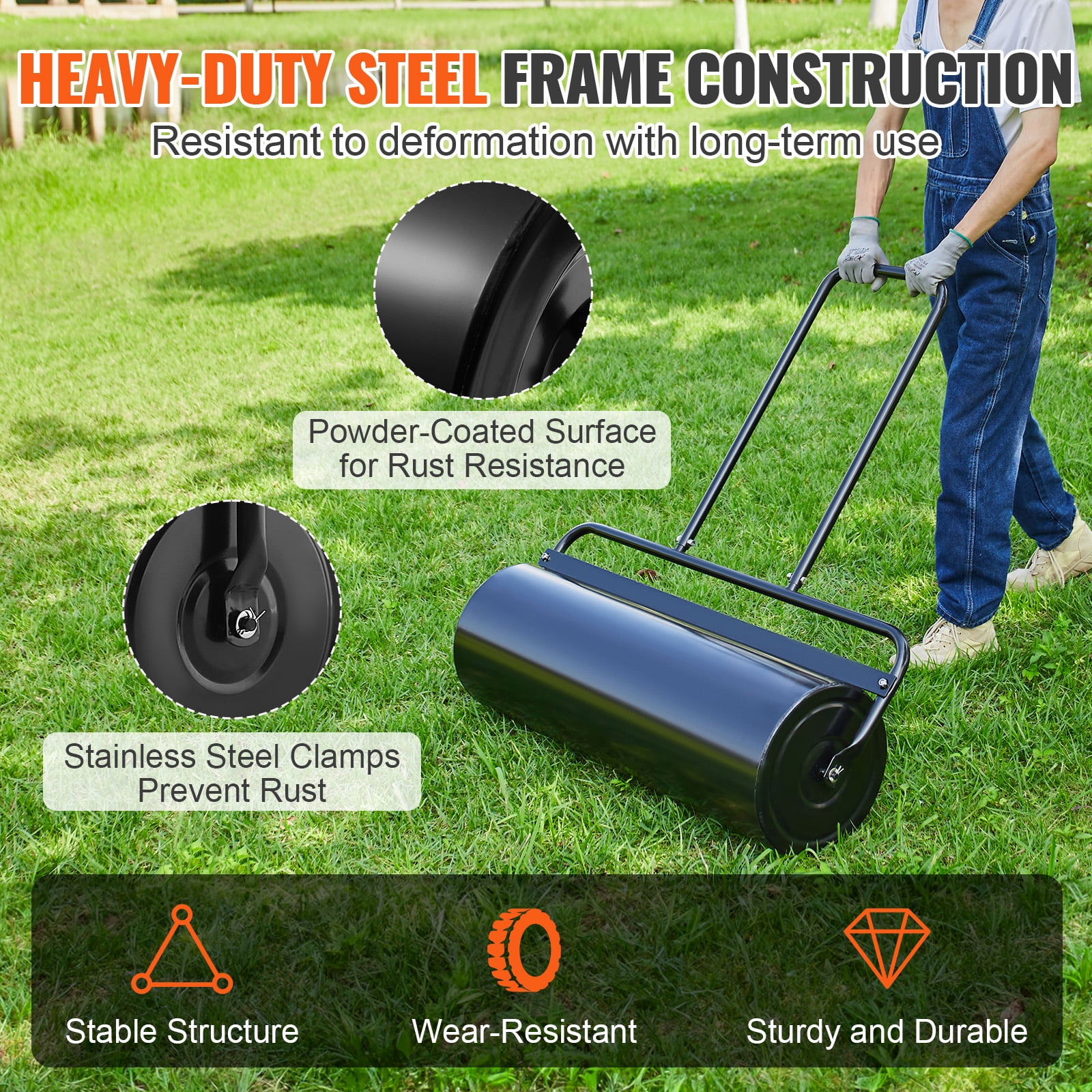 KFFKFF Lawn Roller Yard Roller 17 Gallon Sand/Water Filled Steel Sod Roller Push