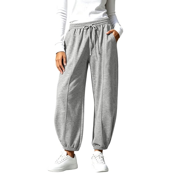 PEIBang Women's Solid Drawstring Jogger Full Length Pants,Elastic High Waist Cuffed Ankle Loose Long Trousers with Side Pockets