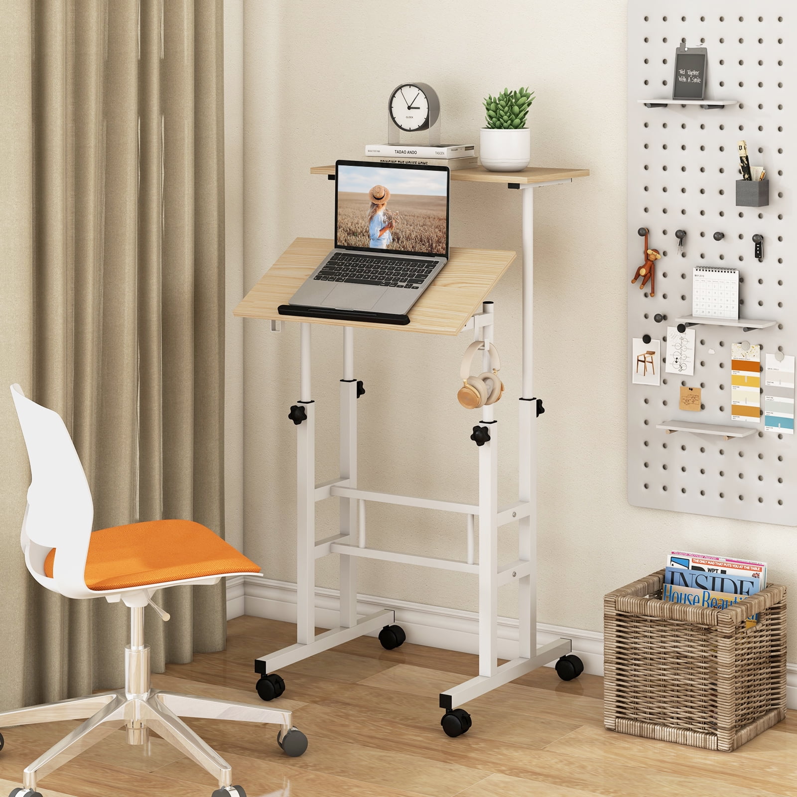 Giantex Mobile Standing Desk, Height Adjustable Sit to Stand Desk, Portable Laptop Desk, 2-Tier Computer Workstation for Home Office, Natural