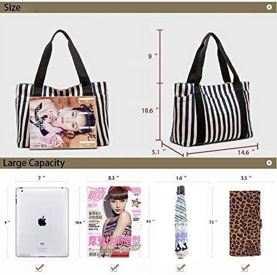 Zhuge Medium Tote Handbag Black & White Striped Daily Satchel Shoulder Purses with Multi-Pockets Canvas Vaction Work Tote with Zipper Spring Summer Beach Bag Gifts for Womens (M Black+White)