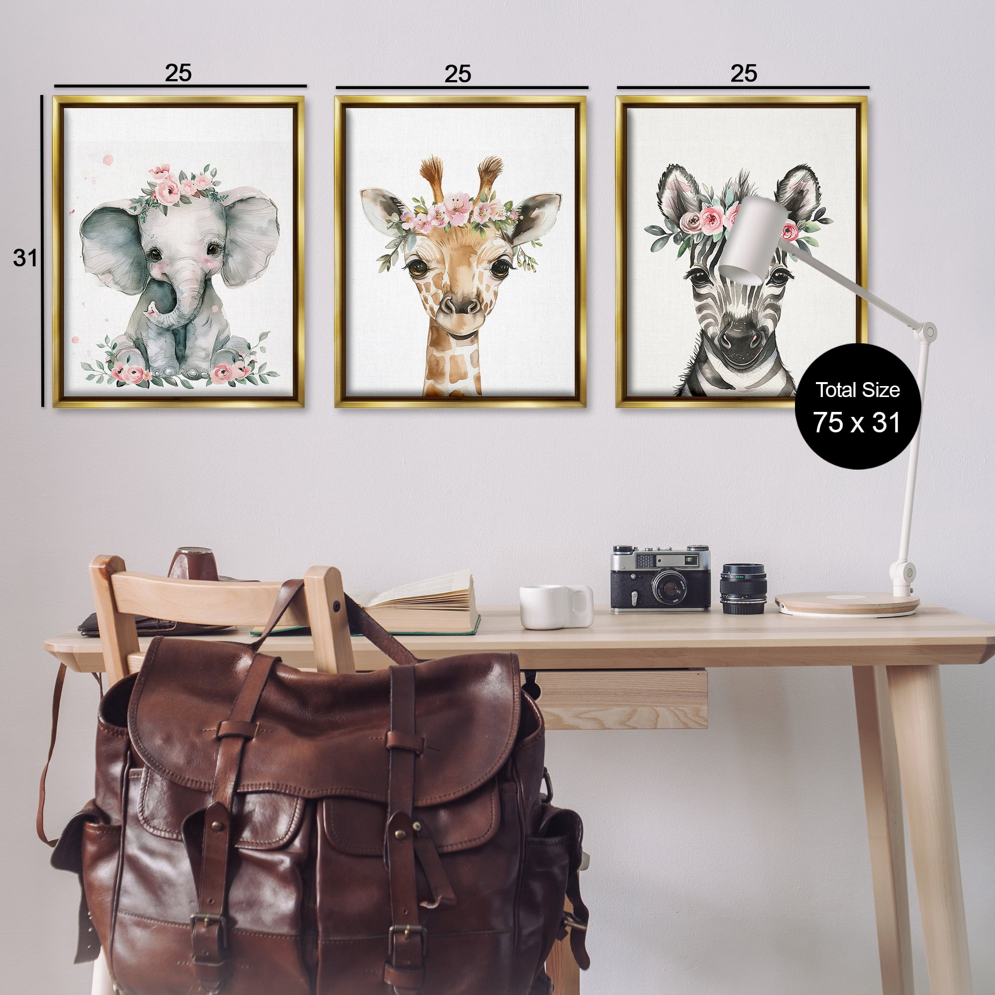 Stupell Industries Pink Rose Jungle Animals Animals Painting Gold Floater Framed Canvas Art Print Wall Art, 25 x 31, Set of 3