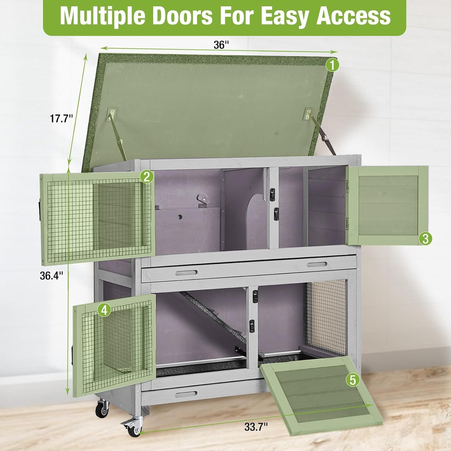 Aivituvin Rabbit Hutch Indoor, 36'' Bunny Hutch Outdoor, Mobile Rabbit Cage with Wheels, 2-Story Bunny Cage with 2 Pull Out Trays, Wooden Guinea Pig Cage (Grey)