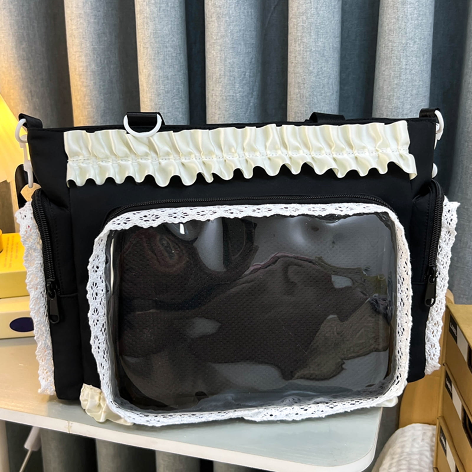 Women Transparent Square Ita Bag with Pin Display DIY Badge Crossbody Bag W/ Zipper & Pendant for Shopping Travel Work Daily Use (Black)