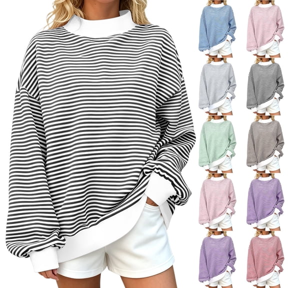 Women's Fall/Winter Tops Oversized Striped Mock Neck Sweatshirt Loose Long Sleeve Pullover Top Casual Soft Comfort Top with Elastic Cuffs