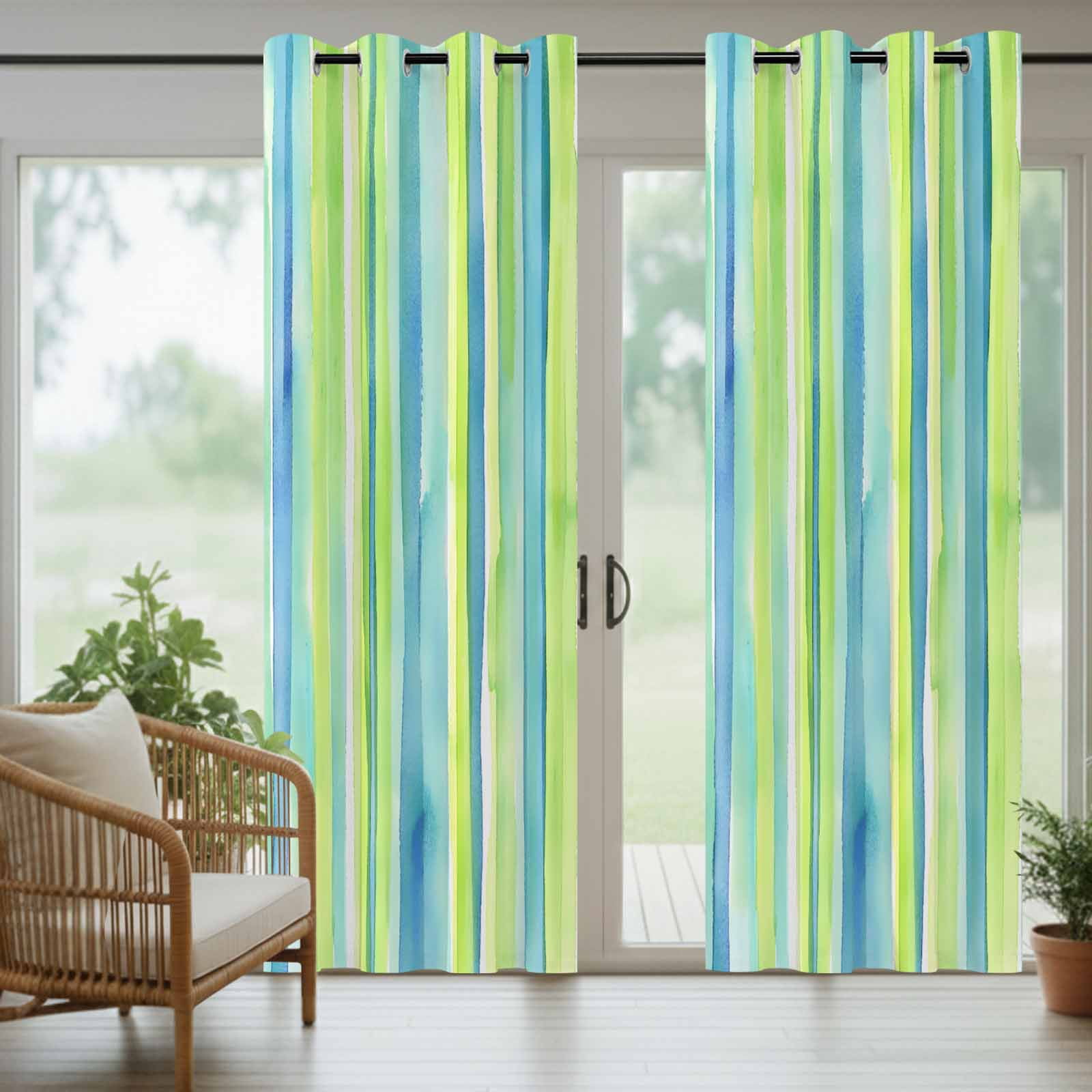 Green Yellow Striped Outdoor Curtains for Patio Waterproof, Abstract Art Watercolor Ombre Grommet Curtains for Porch Outside Privacy Drape for Gazebo Garden Pergola, 2 Panels, 54x84in