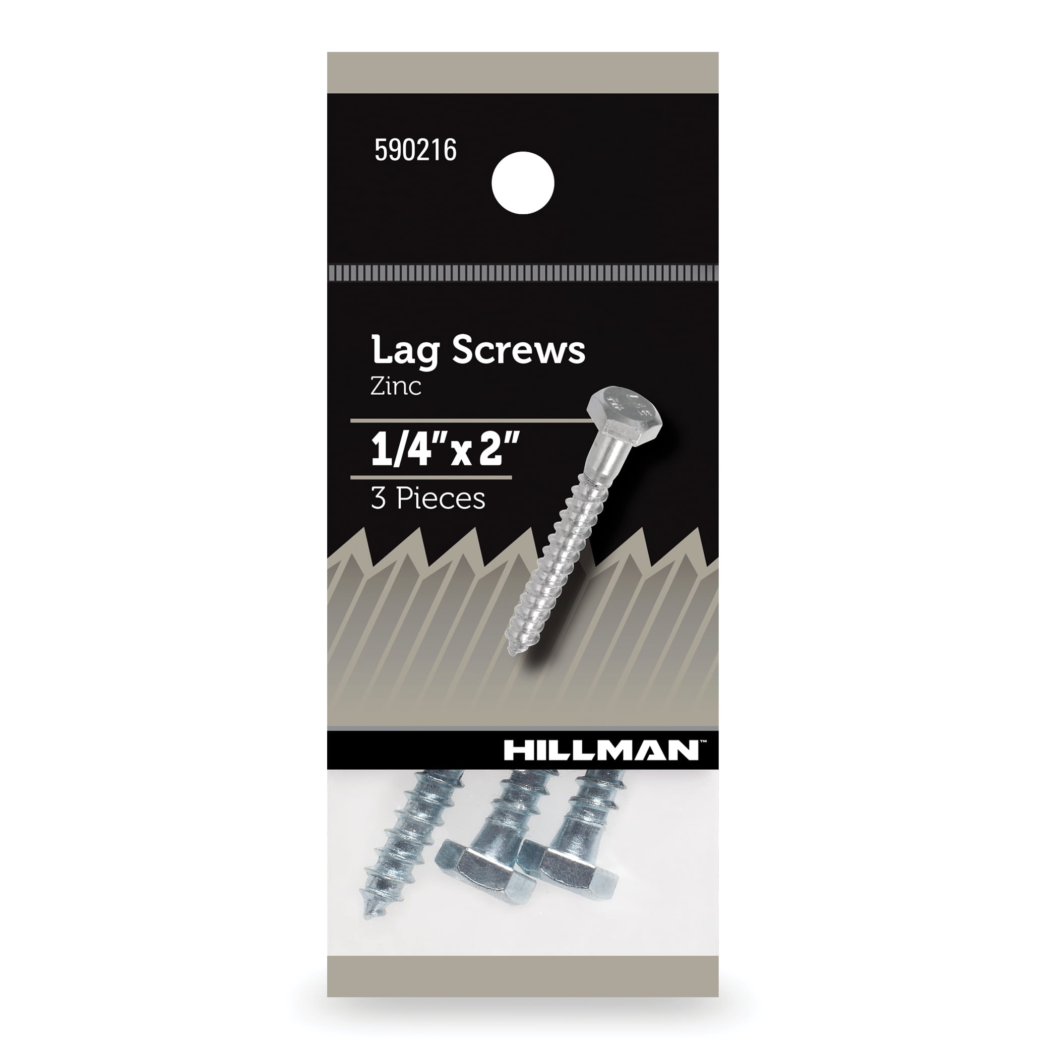 Hillman Lag Screws, 1/4" x 2", Zinc Plated, Steel, Pack of 3