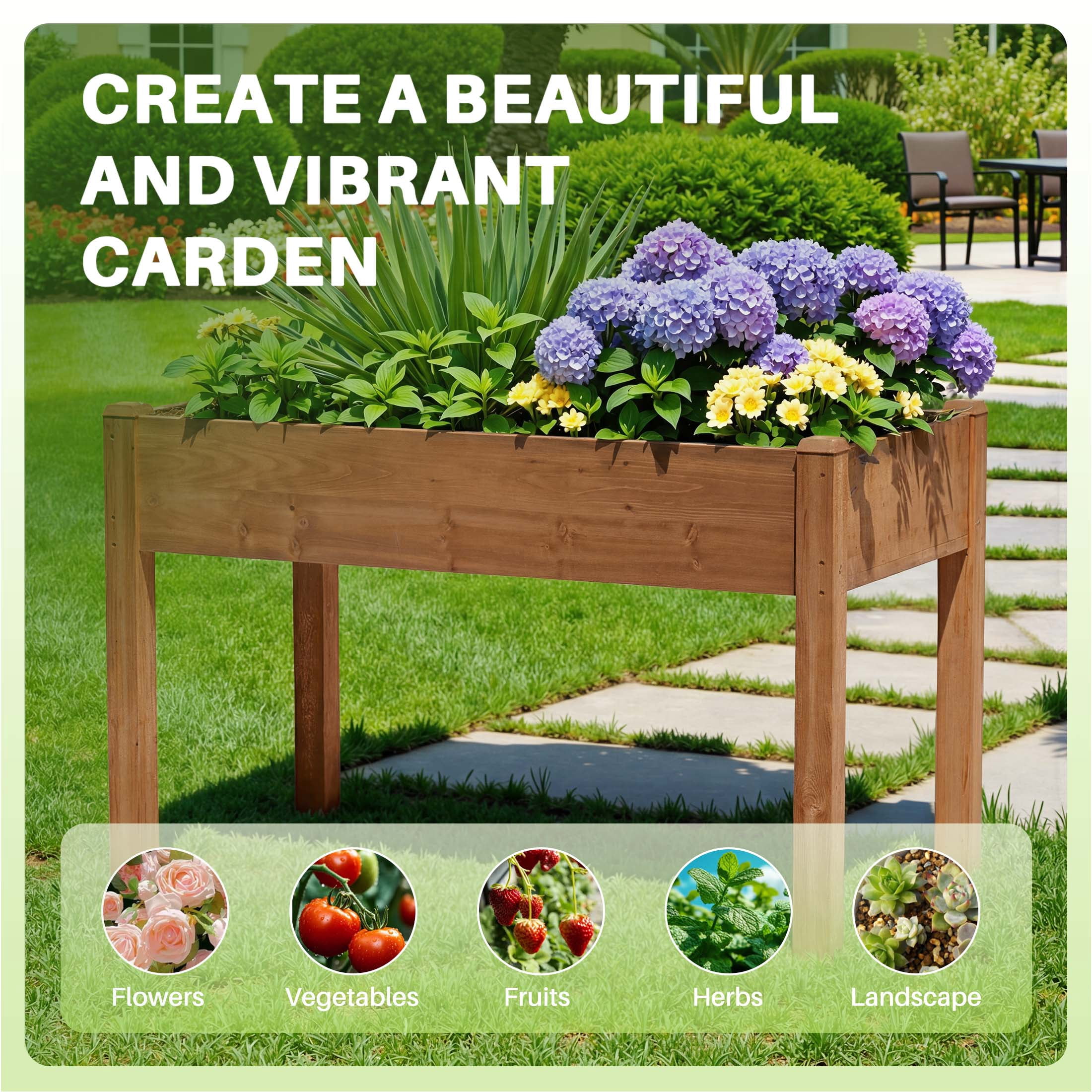 CONCETTA Wooden Raised Garden Bed - Elevated Planter Box with Drainage & Liner, 48" x 24" x 30" for Backyard/Patio/Balcony (Brown)