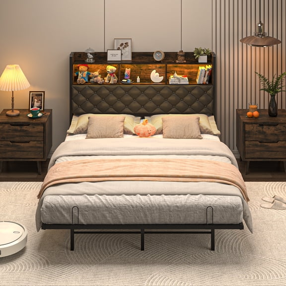 ANPOO Full Size Floating Bed Frame with LED Lights, Metal Platform Bed with  Storage Headboard and Charging Station