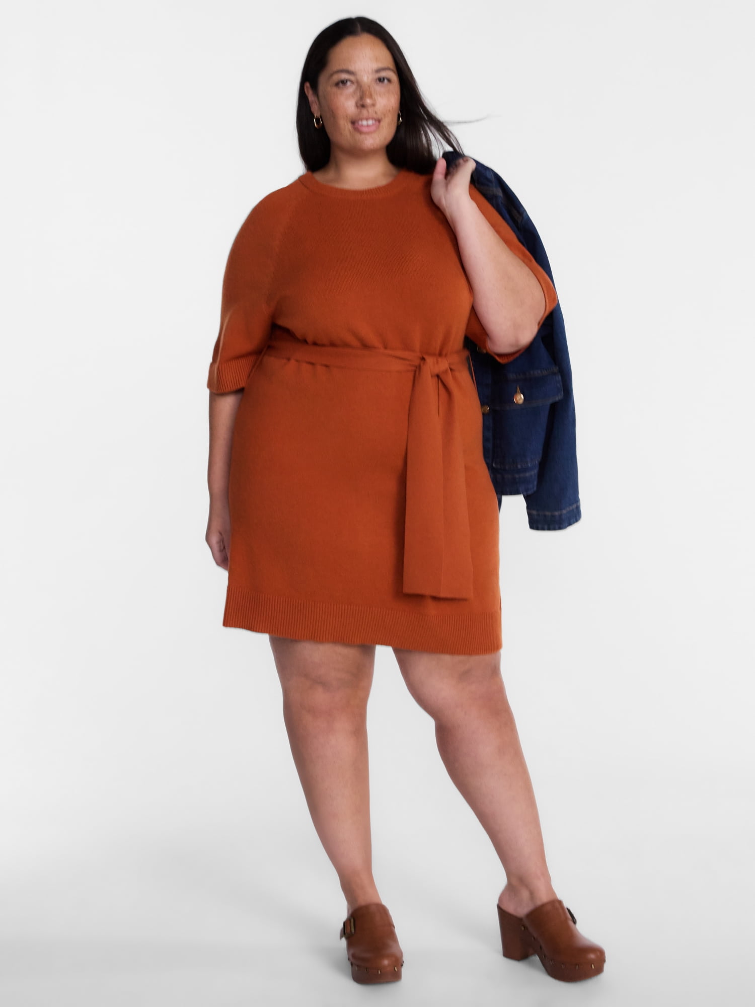 Terra & Sky Women's Plus Tie Waist Mini Sweater Dress with Short Sleeves, Sizes 0X-5X