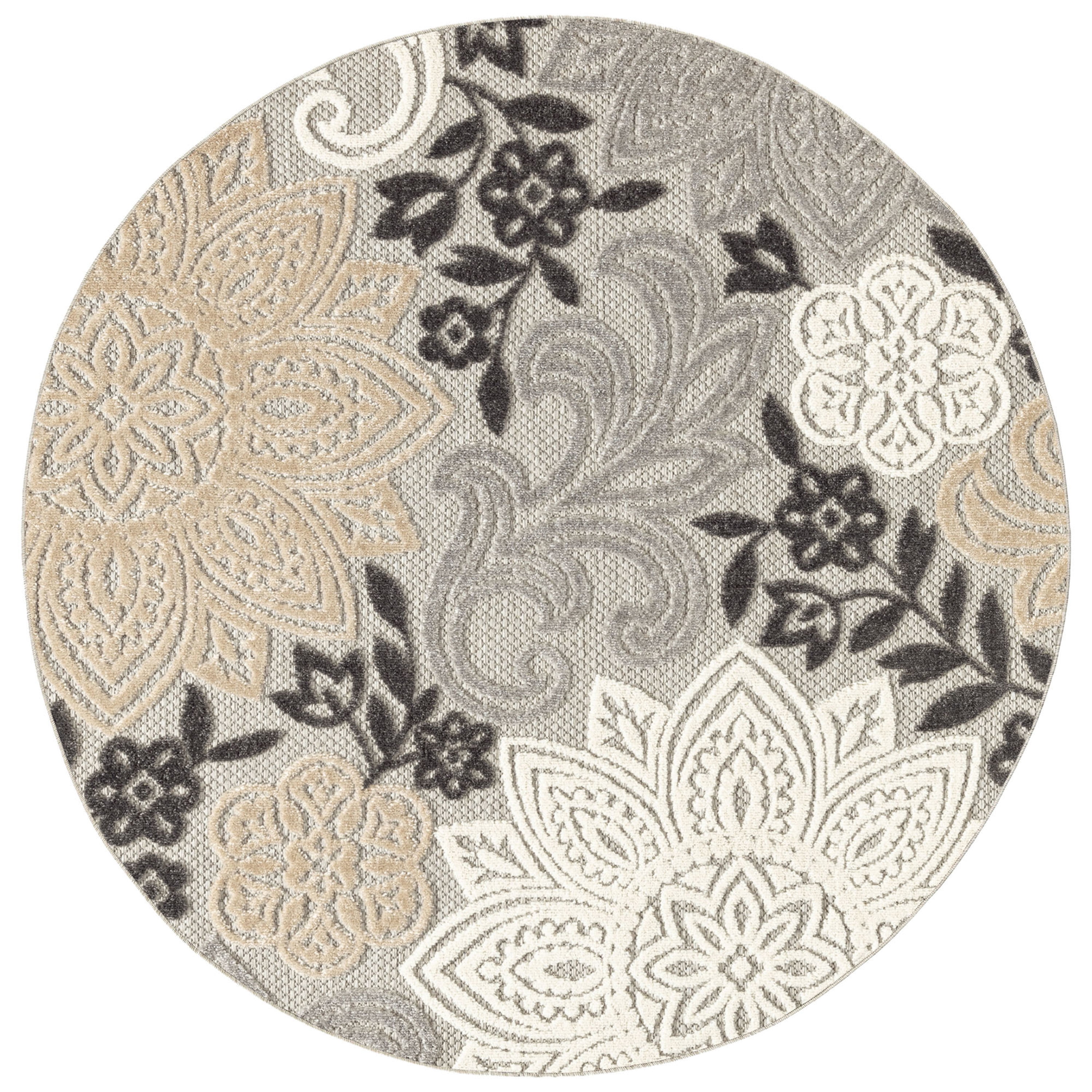 Oasis Modern Floral Beige and Cream Polypropylene Indoor Outdoor Area Rug, 8'x8' Round