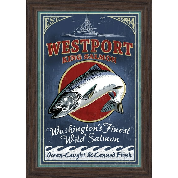 Westport - King Salmon Vintage Sign - Lantern Press Artwork (12x18 Giclee Art Print, Gallery Framed, Espresso Wood)
