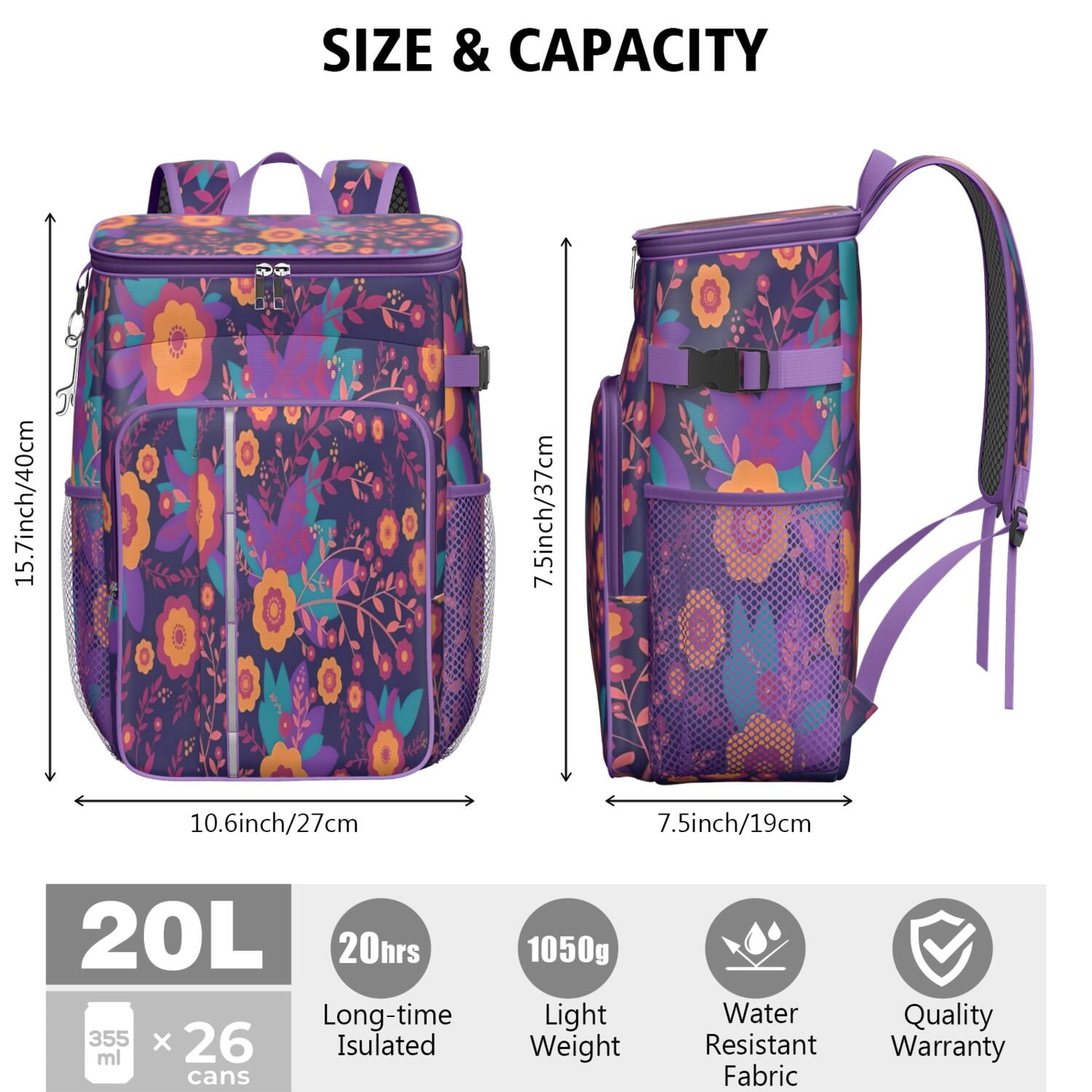Travel Cooler Bag - Pioneer Flower Floral Print Pattern Camping Beer Cooler Backpack with Bottle Opener- Waterproof Insulated Picnic Backpacks - Cooler Bag for Beach