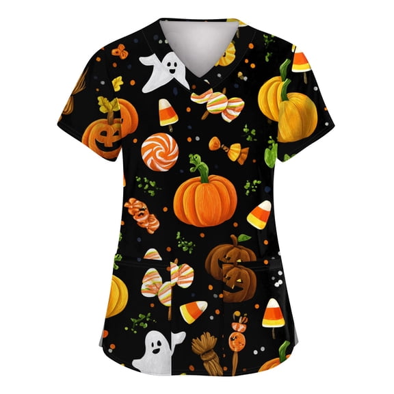 Halloween Scrubs for Women Nurse Vet Pediatric Plus Size Nursing Uniforms Cute Demon Cat Scrub Tops with Pockets Yellow 3XL
