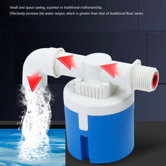 válvula de control de nivel de agua automática válvula de bola flotante de 1/2 3/4 1 pulgada para tanque de agua/reposición de agua automática de torre ndcxsfigh libre de bpa, vista frontal centrada de la válvula blanca con cuerpo azul y conexión roscada, silueta cilíndrica compacta, flechas rojas indican dirección de flujo; material PA6 y acero inoxidable, tamaño 58x58x116 mm, adecuada para reposición automática en tanques, torres solares y acuarios, y suele usarse en pequeños sistemas de llenado automático.
