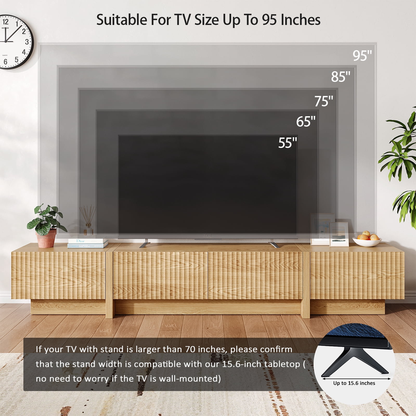 98" Natural Modern TV Stand, Large Entertainment Center with Drawers & Storage Compartments, Fits 55"-95" TVs for Living Room