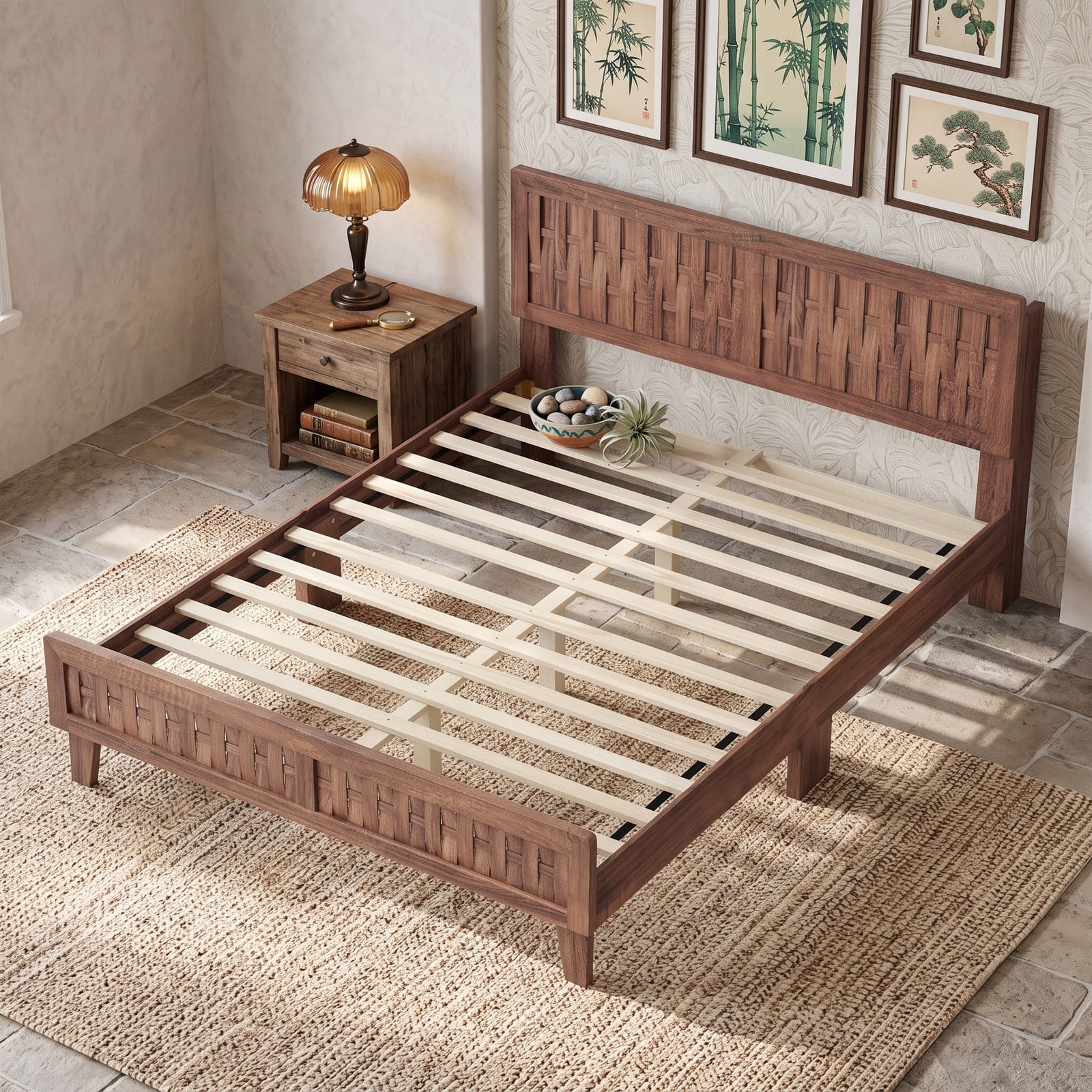 Furnibear Queen Size Mid Century Wood Platform Bed Frame with Woven Accent Headboard and Footboard for the Bedroom, Walnut