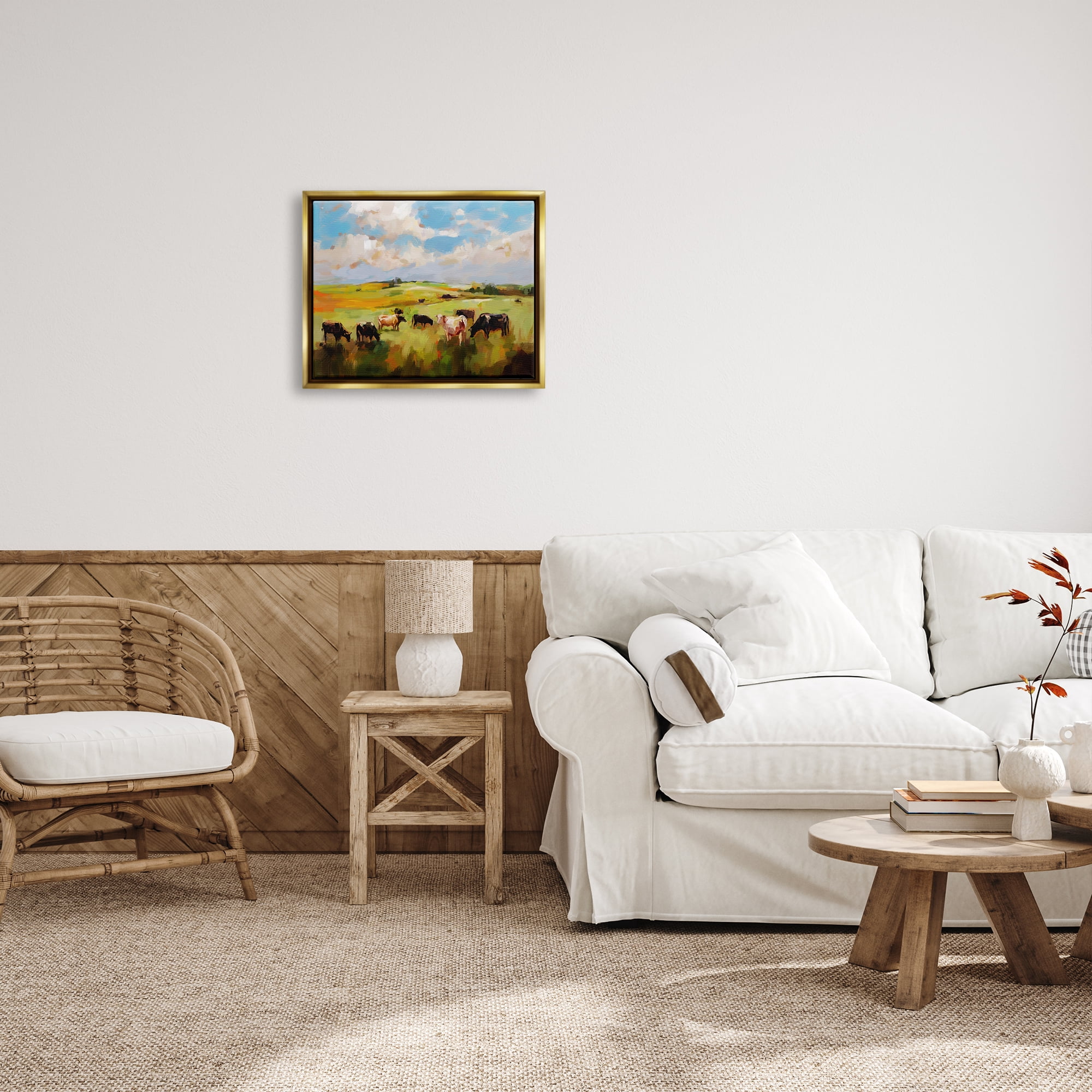 Stupell Industries Cows Grazing Painting Landscape Painting Gold Floater Framed Canvas Art Print Wall Art, 21 x 17