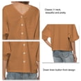 thumbnail image 4 of Mujeres Abajo Camisas De Lino Botón Delantero Manga Corta Blusa Con Cuello En V Color Puro Versión Suelta Marrón L, 4 of 5