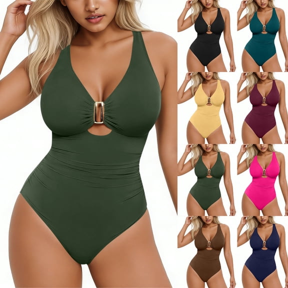 RYDCOT Tummy Control Swimsuits Women V Neck One Piece Bathing Suit Ruched Push up Slimming Swimwear Built-in Bra Yellow